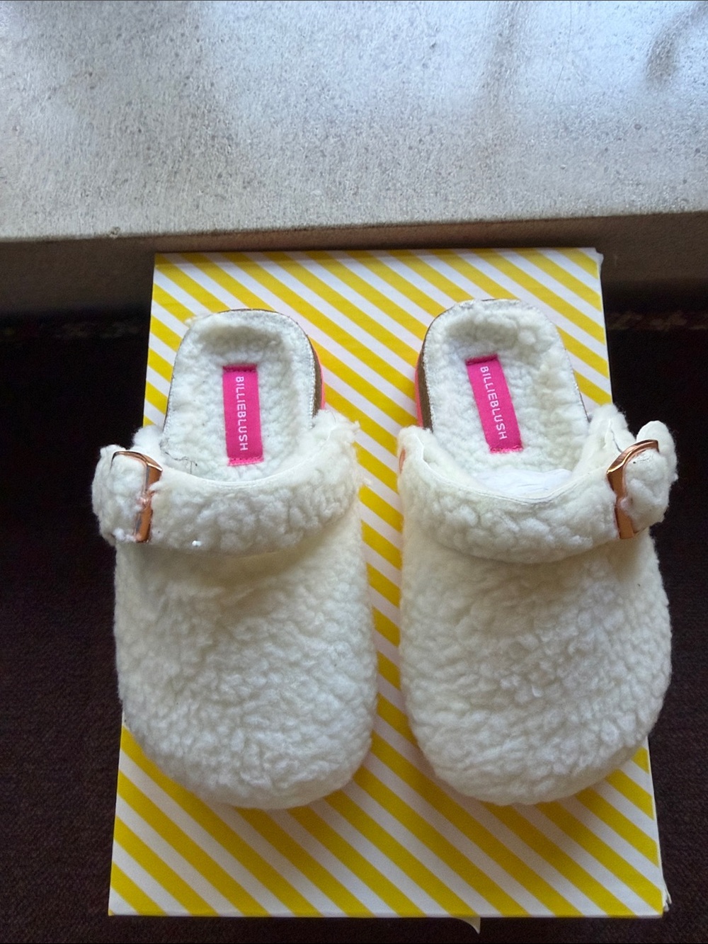 Billieblush Cream Sherpa Slip-On Kids Clogs with Rose Gold Buckles